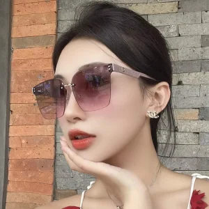 New Oversized Square Rimless Sunglasses Gradient Pink Lens UV400 Anti UV Fashion Eyewear Women Daily Street Style