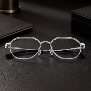 OEM ODM IP Titanium Silver Glossy Modern Engraved Polygon Eyeglasses Punk Carving Optical Frames Spectacle Frames Designer