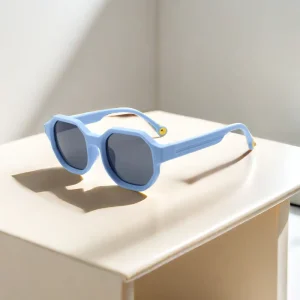 Octagon Sunglasses with Blue Frame, Gray Polarized Lenses, Black Accents, and PC Material