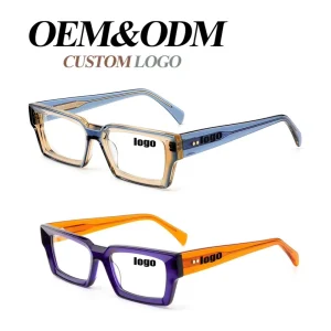 Orange and Black Square Retro Acetate Eyeglass Frames for Women with Anti-Blue Light Lenses