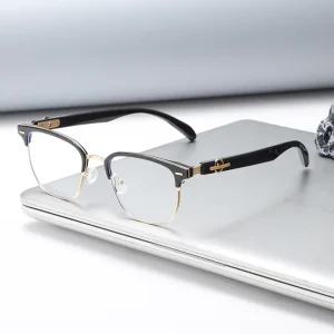 Oversized Business Style Unisex Half Rimmed Eyewear Wooden Leg TR90 Metal Eyebrow Anti Blue Light Square Eyeglasses