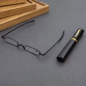 Pen Tube Case Folding Metal Frame Small Square Slim Bifocal Mini Reading Glasses for Women