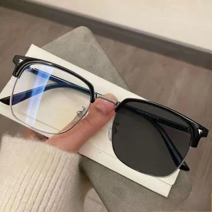 Photochromic Half Frame Square Eyeglasses Anti Blue Light Metal Frame Glasses for Men