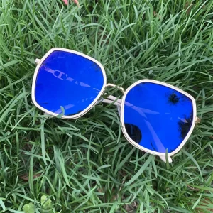 Photochromic Lens Hexagon Sunglasses, Blue Reflection, Gold and Pink, Diamond Detail, Large Size, Metallic