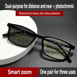 Photochromic Progressive Reading Glasses for Men and Women, Anti-Blue Light, Classic Square Frame