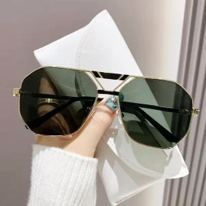 Pilot Sunglasses, Metal Frame, Double Beam, Gradient Blue and Brown Lenses, Unisex