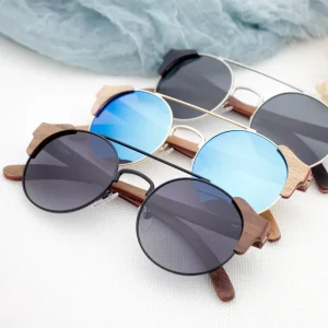Polarized Round-Lens Sunglasses Metal Frame Wooden Temples Custom Logo