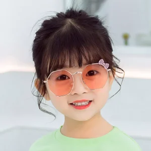 Popular Design Polygon Metal Frame Girls Sun Glasses Super Cute Baby Bow Sunglasses Kids Eyewear