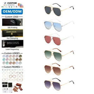 Premium Double Bridge Metal Black Sunglasses UV400 Polarized Ribbed Frame Custom Logo Luxury Shades Brand for Men