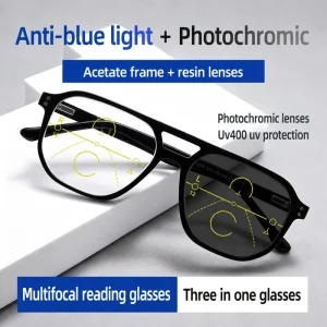 Progressive Reading Glasses with Photochromic Retro Square Frame and Anti Blue Light Lenses for Men and Women