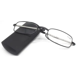 QRM201002 Unisex Mini Slim Stainless Steel Frame Folding Reading Glasses with Plastic Lenses and Case