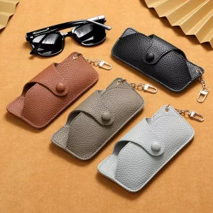 Rectangle Handmade Leather Sunglasses Case Anti pressure Anti drop Portable Glasses Bag with Chain Hanging
