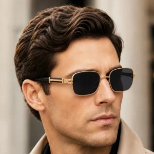 Rectangle Metal-Frame UV400 Sunglasses for Men