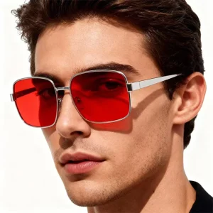 Retro Alloy Square Sunglasses, Red Lens, UV400, for Women and Men