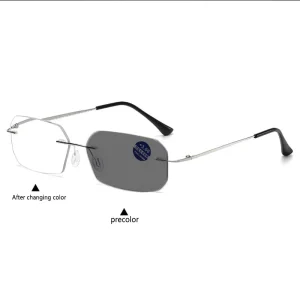 Retro Business Metal-Frame Rimless Photochromic Progressive Multifocal Reading Glasses Men Anti-Blue-Light