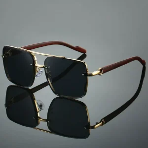 Retro Double-Beam Square Metal Polarized Sunglasses Gradient PC Lenses Wood Grain Temples UV400 for Men and Women