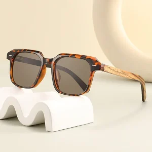 Retro Rice Nail Square Polarized Sunglasses with Bamboo Wooden Frame, UV400, CE