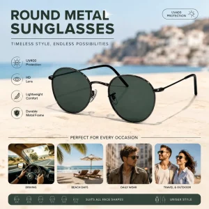 Retro Round Metal Frame Sunglasses UV400 UV Protection Fashion Eyewear Lightweight Driving Beach Travel Men’s Sunglasses