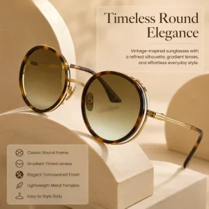 Retro Round Tortoiseshell Sunglasses with Gold Trim Gradient Brown Lenses Lightweight Metal Lenses UV400 Protective Sunglasses
