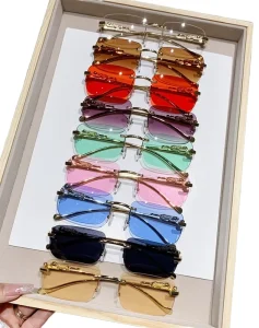 Retro Square Sunglasses with Transparent Rimless Metal Frame, UV Protection and Mirror Lenses
