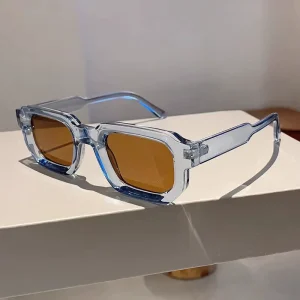 Retro Square Sunglasses with UV400 Protection, Transparent Blue Frame, and Brown Lens
