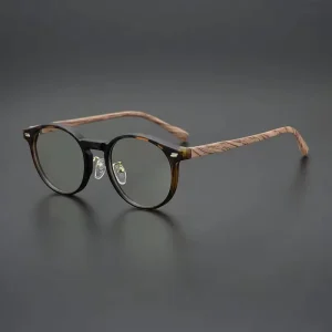 Retro Wood Grain Round Plano Glasses Anti-Blue Light