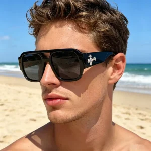 Rhinestone Party Vintage Double Bridge Square Sunglasses for Men