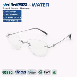 Rimless Cat-Eye Metal Optical Glasses with Nylon Clear Anti-Blue-Light Lenses, Four-Tone Metal Frame