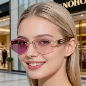 Rimless Diamond-Shaped Photochromic Anti-Blue Light UV400 Sunglasses for Women