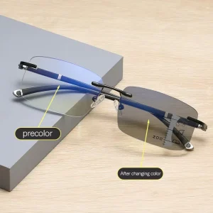 Rimless Men Automatic Zoom Progressive Multifocal Presbyopia Eyeglasses Photochromic Anti Blue Light Reading Glasses