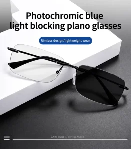 Rimless Metal Square Photochromic Optical Eyewear for Mobile Phone and Computer Anti-Blue Light Glasses