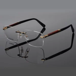 Rimless Pure Titanium Rectangular Eyeglass Frames with Thick Wood Temples