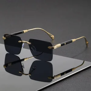 Rimless Square Sunglasses UV400 Gradient Lens Gold Metal Frame for Driving and Outdoor Use