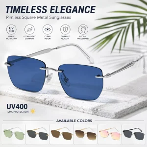 Rimless Square Sunglasses with Lightweight Metal Frame and UV400 Lenses, Unisex