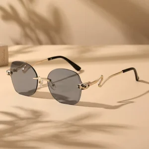 Rimless Sunglasses Gold Snake Head Accents UV400 Dark Grey Lenses for Driving and Outdoor Use