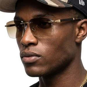 Rimless Sunglasses with Light Blue Gradient Lenses, Textured Dark Arms and Gold Hardware