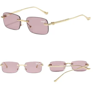 Rimless rectangular PC sunglasses with UV400 lenses and custom logo