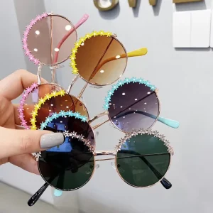 Round Flower Sunglasses for Girls with Half Frame Metal Construction