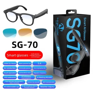 SG-70 AI Smart Glasses Wireless V5.3 Audio Eyewear 10H Playtime Open-Ear Music Sunglasses Voice Assistant Control Black Frame