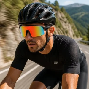 Semi-Rimless Sports Sunglasses with Iridescent Mirror Shield Lens and Red Grip Temple