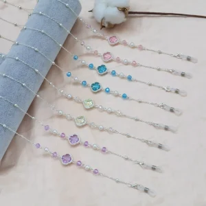 Silver Chain Crystal Four Leaf Clover Imitation Pearl Beaded Sunglasses Lanyard Anti Lost Eyewear Strap