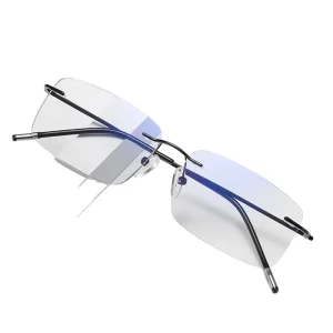 Slim Frameless Reading Glasses with Silver Metal Frame, Black Temples, Blue Light Blocking Clear Lenses