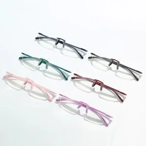 Slim Unisex PC Rectangle Rimless Reading Glasses with PC Temples and Anti-Blue Light Lenses