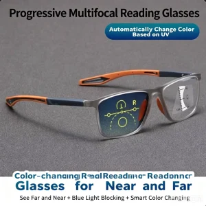 Smart Photochromic Progressive Multifocal Reading Glasses Dual Vision Variable Focus Blue Light Filter for Presbyopia