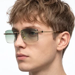 Sophisticated Sky Blue Gradient Rimless Sunglasses Ornamental Engraved Edges Gold Metal Frame Vogue Eyewear for Men Women