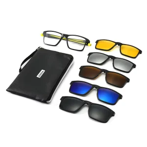 Sports Unisex Square Full-Rim Sunglasses Red and Blue TR90 Frame Interchangeable 5-in-1 Magnetic UV400 Polarized Mirrored Clip