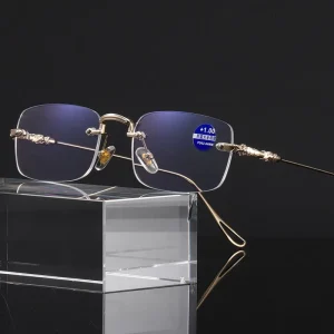Square Rhinestone Cut Rimless Presbyopia Metal Anti-Blue Light Reading Glasses for Women and Men