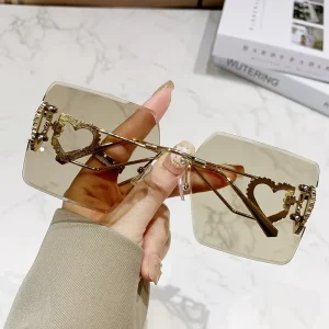 Square Rimless Cutout Heart Sunglasses Versatile Metal Ladies Eyewear Logo Custom Shades Sun Glasses