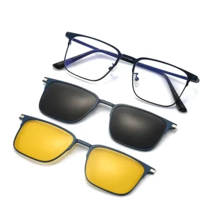 Square Stainless Steel Eyewear Frames with Magnetic Clip-On TAC Polarized Blue-Light-Blocking Sunglasses