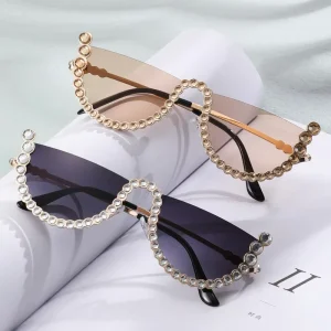 Studded Cat Eye Half Frame Geometric Metal Sunglasses with Diamond Detail